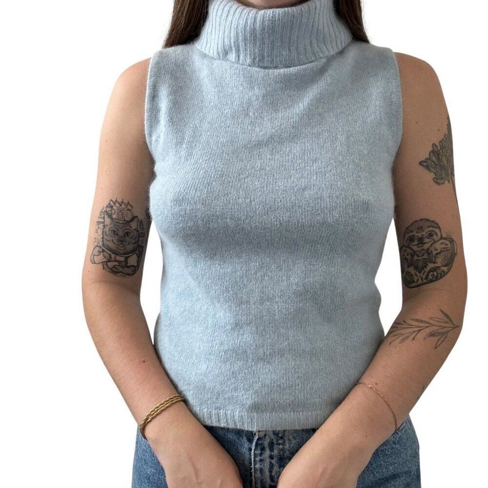 Vintage Y2K Light Blue Angora Blend Fluffy Fuzzy Soft Sweater Vest Petite S